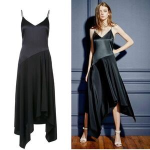 Fleur Du Mal Handkerchief Slip Dress Leather Buckle Back 100% Silk Midi Black